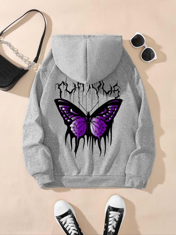 Women's Butterfly Print Drop Shoulder Long Sleeve Hoodie, Drawstring Kangaroo Pocket Hooded Sweatshirt, Pullover Tops for Fall & Winter, Spring 2024 Fashion