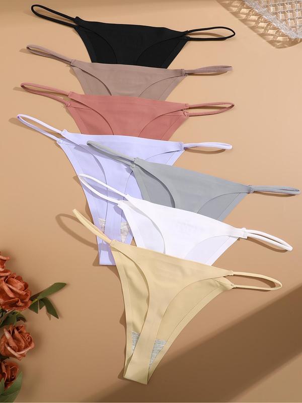 Women's 7pcs Solid Drop Waist Thong, Minimalist Basic Panties for Lady, Breathable Panty for Daily Wear, Women's Knickers for All Seasons, Comfortable Womenswear