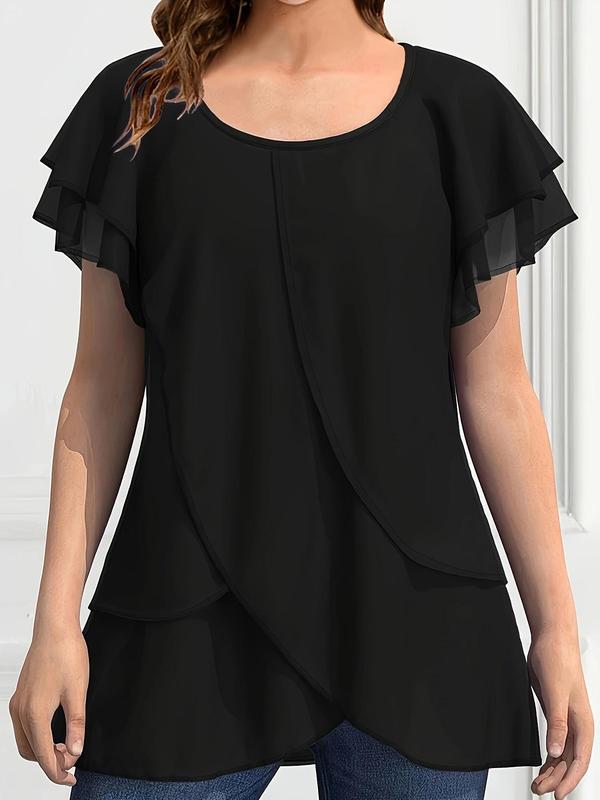 Women's Plain Asymmetrical Hem Butterfly Sleeve Chiffon Blouse, Casual Tiered Layer Short Sleeve Round Neck Top for Summer, Ladies Clothes for Daily Wear