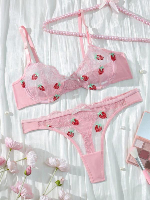 Women's Strawberry Embroidery Sheer Lace Sexy Lingeries Set, Adjustable Strap Bra & Bow Decor  Thong Set,  Soft Comfy Breathable Lingerie Set for Women