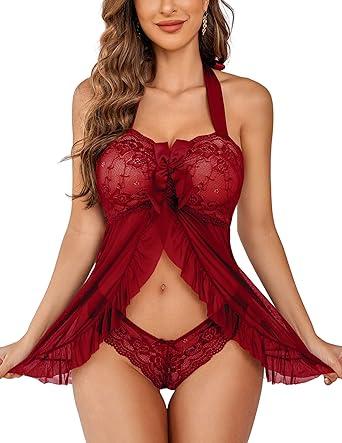 Lingerie for Women Lace Babydoll Open Front Sleepwear Halter Nighty Chemsie XS-5XL