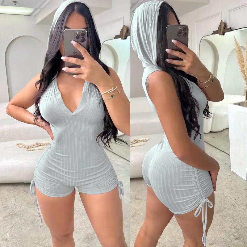 Chicme Side Drawstring Slim Fit Sleeveless Hooded Romper Womenswear Overalls Skinny Women Comfort Basic Suits Polyester