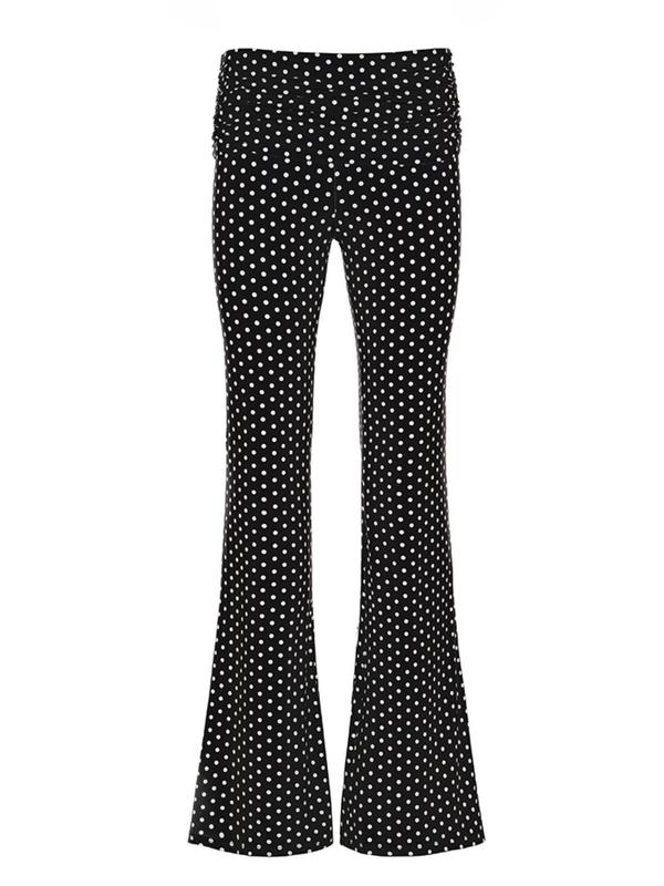 Women's Polka Dot Print Ruched Flare Leg Pants, Casual Comfy Elastic Waist Bell Bottom Trousers for Daily Wear, Ladies Bottoms for Fall & Winter