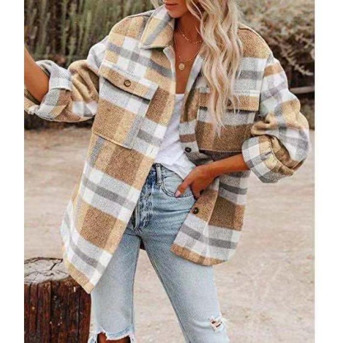 Autumn and Winter Women's Clothing Autumn and Winter Long Sleeve Lapel Loose Plaid Wool Coat