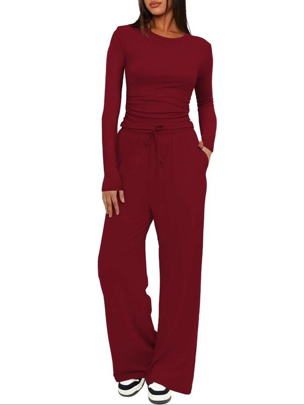 Sporty Two-Piece Set Women's Solid Color Ruched Tee & Tie Front Wide Leg Pants Sportswear Set, Sports Casual Long Sleeve Round Neck Top & Pocket Trousers, Ladies Sportswear for Indoor Outdoor Wear