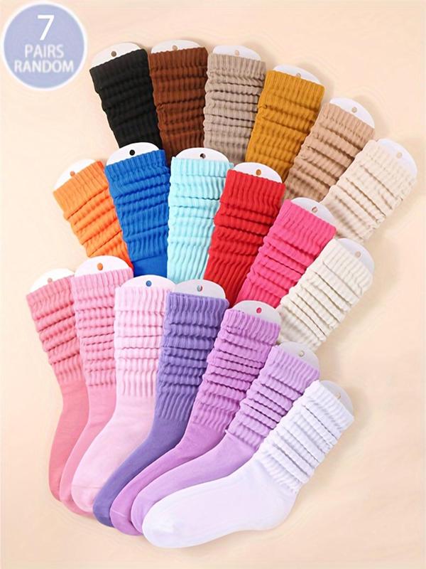 Random Women's Solid Crew Socks, 7 Counts Baggy Socks, Fashion Casual Cozy Pile Socks for Daily Outdoor Wear, Women Socks for Fall Winter