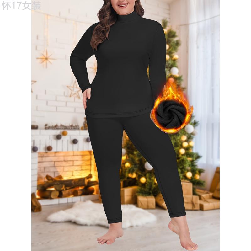 Plus Size Women's Thermal Underwear Set - High Neck Plush Lined Long Sleeve Top & Solid Color Tights For Fall & Winter