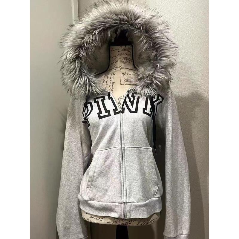 Y2k Cool Style Pattern Color Blocking Printed Hoodies Autumn and Winter Gothic Punk Warm Fur Collar Jacket Zip Up Clothes