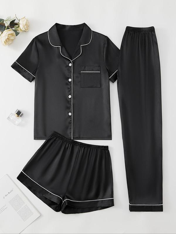 Women's 3pcs Solid Contrast Binding Lapel Collar Button Front Shirt & Elastic Waist Shorts & Pants Satin Pyjama Set, Casual Comfy Top & Shorts & Trousers PJ Set, Summer Wear, Ladies Summer Sleepwear