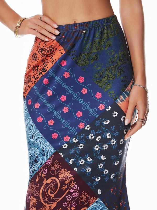 YOZY Women's Ethnic Pattern Lettuce Trim Elastic Waist Skirt, Boho Patchwork Print  Spring & Fall Pencil Long Skirt for Vacation Holiday, Ladies Bottoms