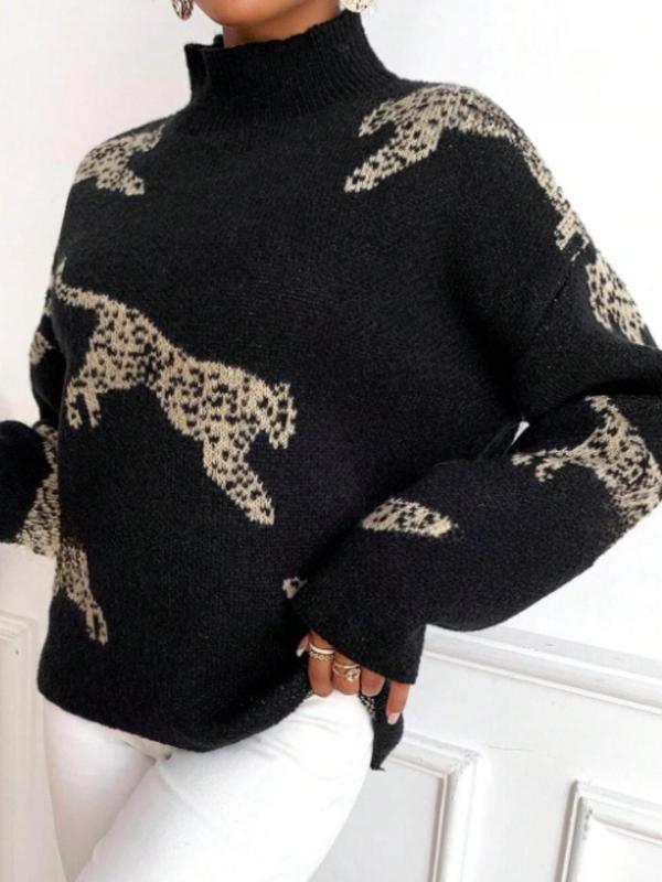 Women's Leopard Print Drop Shoulder Sweater, Casual Long Sleeve High Neck Jumper for Daily Outdoor Wear, Women Knitwear for Fall & Winter