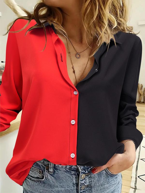 Women's Colorblock Button Front Shirt, Casual Long Sleeve Collared Top for Spring & Fall, Ladies Clothes for Daily Wear