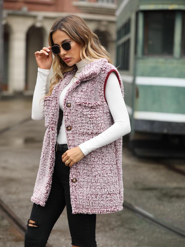 Women's Solid Button Front Dual Pocket Collared Teddy Plush Vest Coat, Casual Fuzzy Midi Waistcoat For Fall & Winter, Women's Clothing For Daily Wear