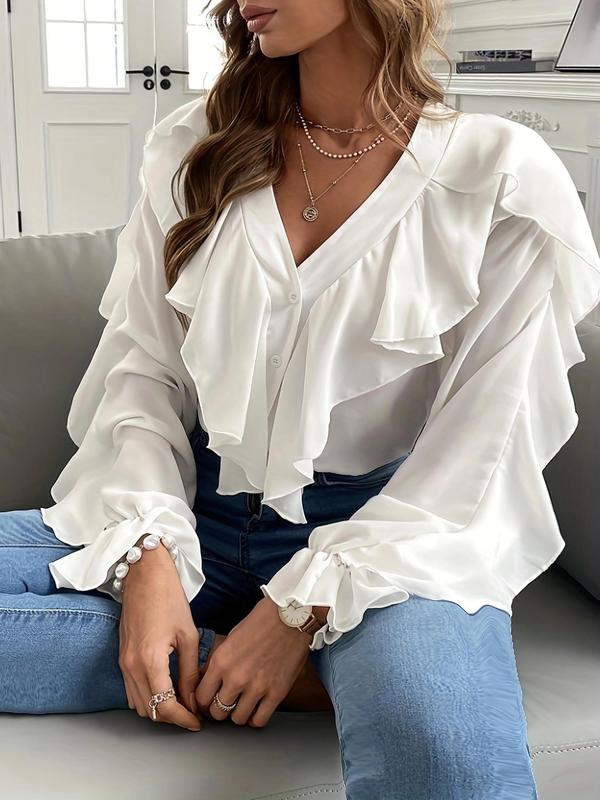 Plus Size Plain Ruffle Trim Button Front Blouse, Casual Flounce Sleeve V Neck Top for Spring & Fall, Women's Clothes for Daily Wear