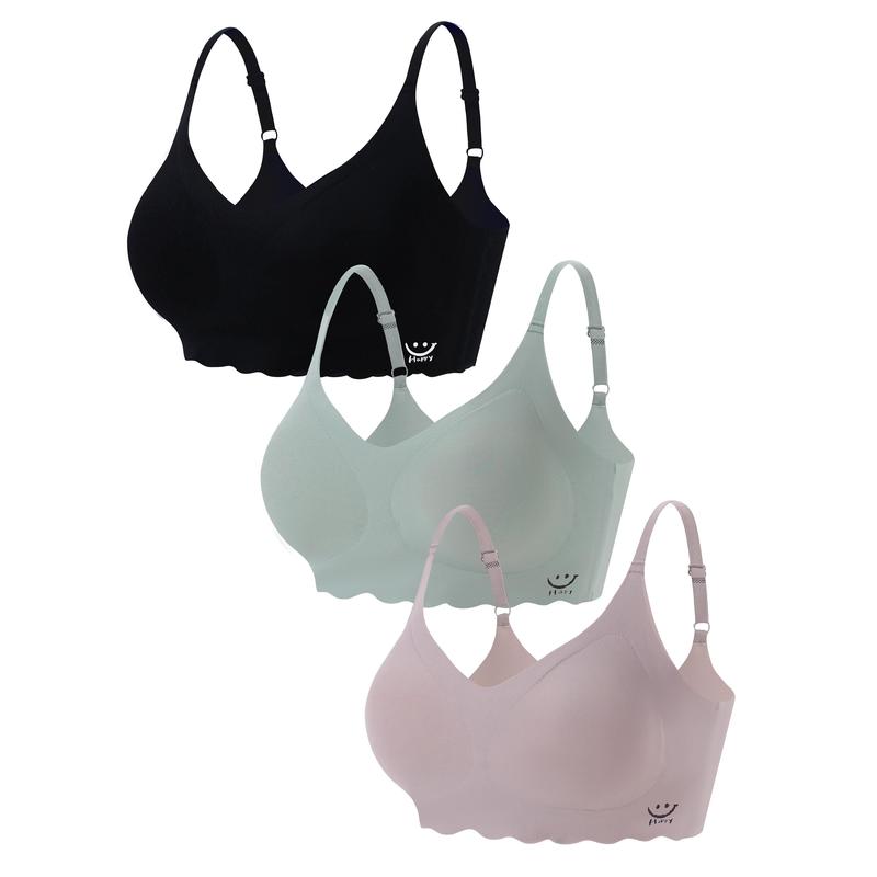 3pcs Seamless Wireless Bras, Comfy & Breathable Scollop Trim Bra, Women's Lingerie & Underwear