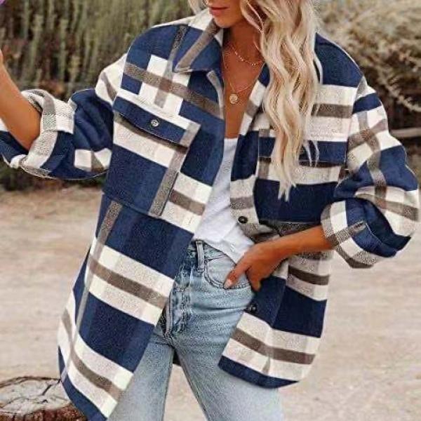 Autumn and Winter Women's Clothing Autumn and Winter Long Sleeve Lapel Loose Plaid Wool Coat