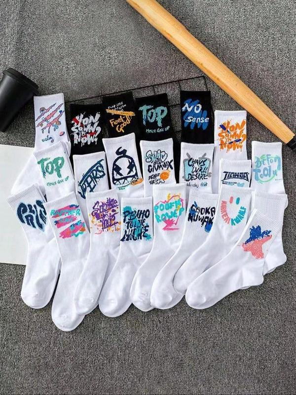 Women's Random Letter Graffiti Print Crew Socks, 10 Pairs Casual Moisture Wicking Socks, Soft Comfy Breathable Socks for All Seasons Daily Wear