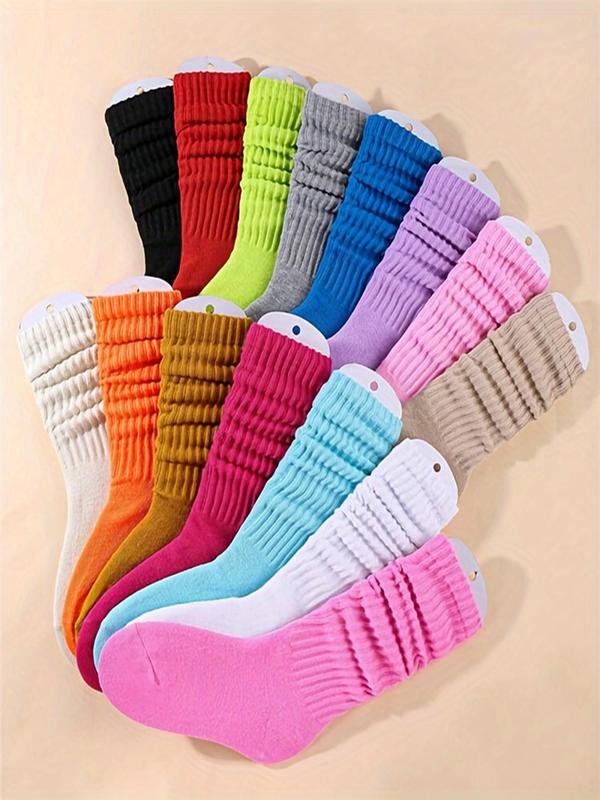 Random Women's Solid Crew Socks, 7 Counts Baggy Socks, Fashion Casual Cozy Pile Socks for Daily Outdoor Wear, Women Socks for Fall Winter