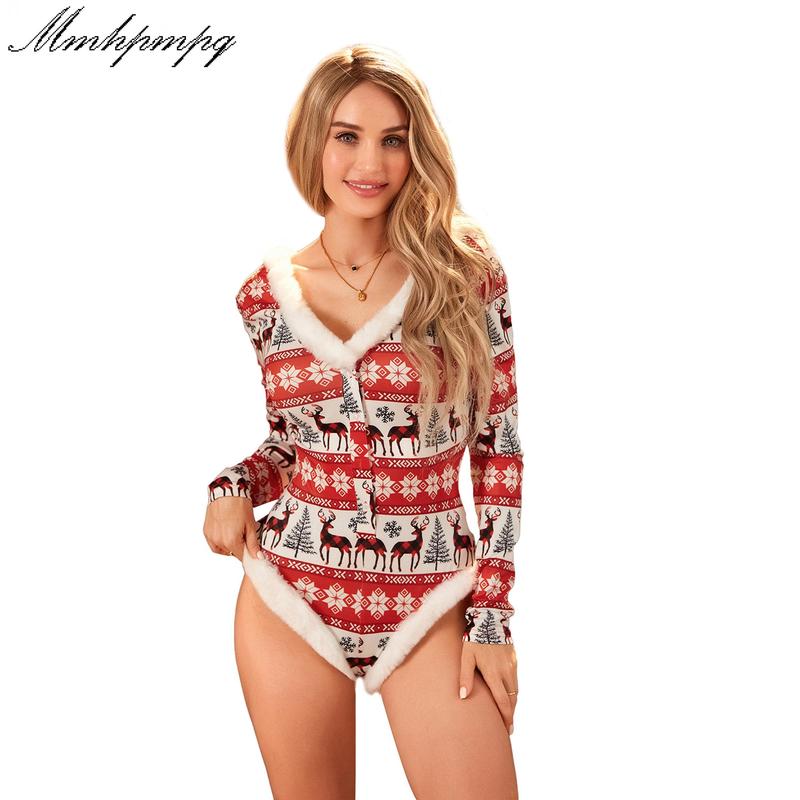 Women´s Christmas Jumpsuit Pajama Long Sleeve V Neck Snowflake Elk Print Sleepwear Loungewear Spandex