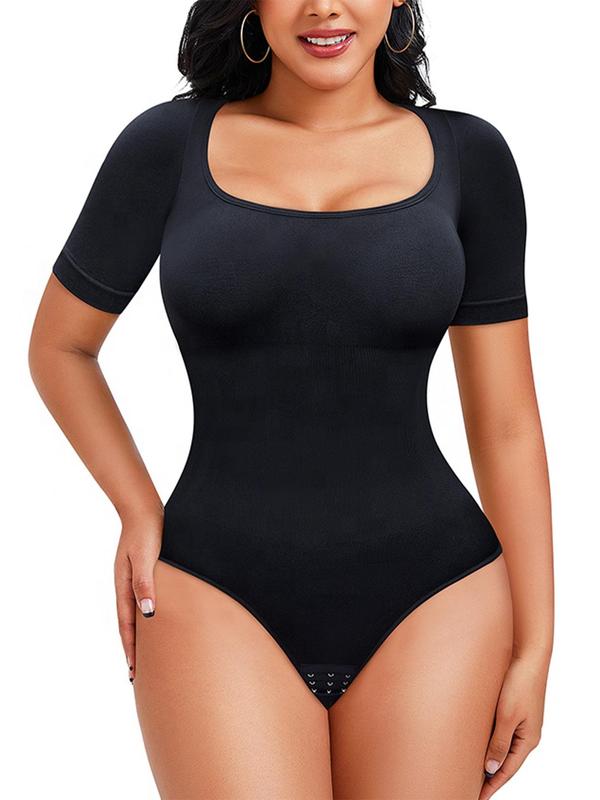 Women's Square Neck Short Sleeve Shapewear Bodysuit, Seamless Bodycon Shapewear Top, Ladies Clothes for Summer, Tummy Control Clothing