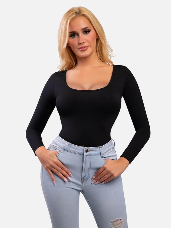 FeelinGirl U-Neck Tummy Control Thong Long Sleeve Bodysuit  Comfortable Womenswear 2