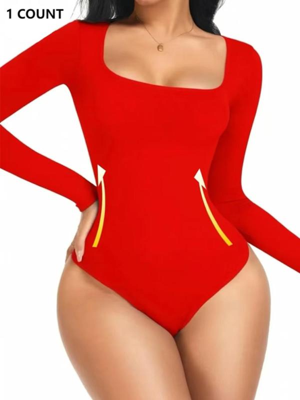 Women's Solid Long Sleeve Square Neck Shapewear Bodysuit, Casual Comfy Tummy Control Butt Lift Shaper, Ladies Shapewear for Daily Wear