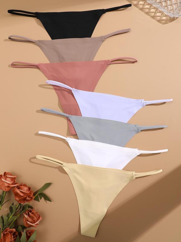 Women's 7pcs Solid Drop Waist Thong, Minimalist Basic Panties for Lady, Breathable Panty for Daily Wear, Women's Knickers for All Seasons, Comfortable Womenswear