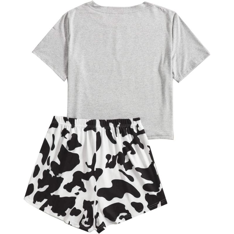 Cartoon Cow Print Short Sleeve Tee and Shorts Pajama Set