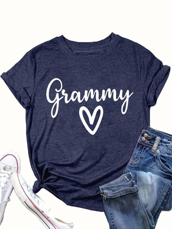 Women's Letter & Heart Print Round Neck Tee, Casual Fashion Plus Size Short Sleeve T-shirt for Daily Wear, Women Clothing for All Seasons