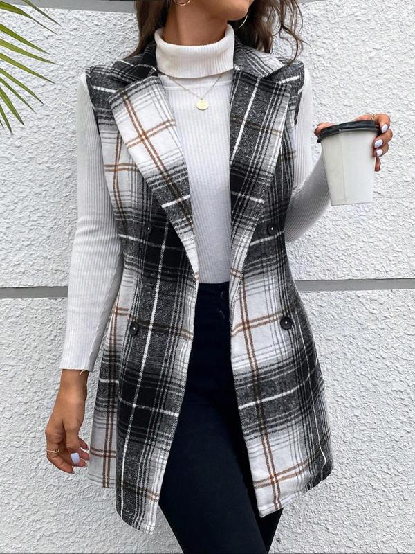 Women's Plaid Print Double Button Lapel Blazer Vest without Sweater, Casual Sleeveless Outerwear for Fall, Ladies Clothes for Daily Wear