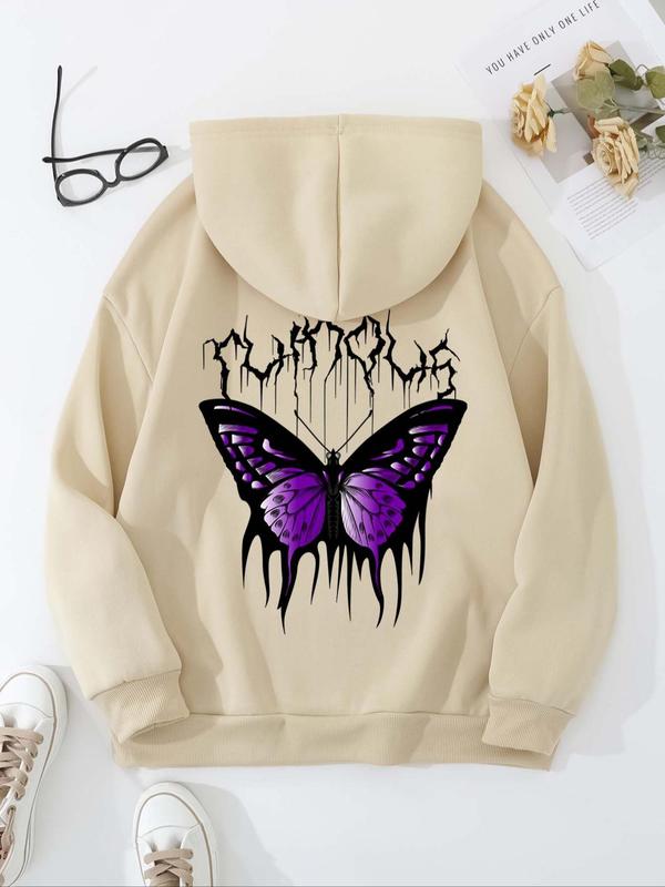 Women's Butterfly Print Drop Shoulder Long Sleeve Hoodie, Drawstring Kangaroo Pocket Hooded Sweatshirt, Pullover Tops for Fall & Winter, Spring 2024 Fashion