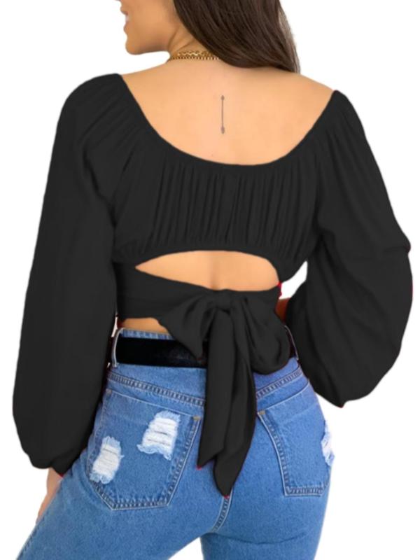 Women's Plain Cut Out Tie Back Off Shoulder Bishop Sleeve Crop Tee, Casual Long Sleeve Cropped Top for Summer, Ladies Clothes for Daily Wear, Going Out Tops, Tops for Women, Clothes for Women, T Shirts for Women