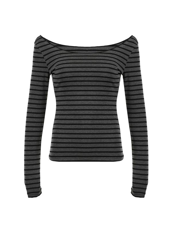 Women's Striped Print Off Shoulder Tee, Casual Long Sleeve T-shirt for Spring & Fall, Women's Top for Daily Wear