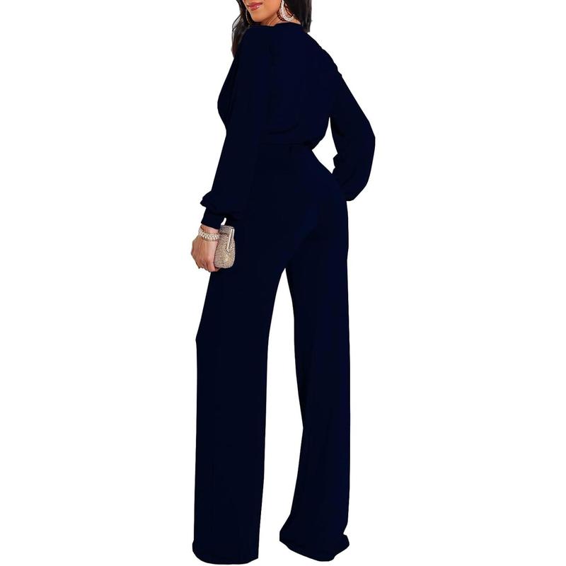 Women's Sexy Sparkly Jumpsuits Plus Size Elegant Long Sleeve Wide Leg Pants Rompers with Belt