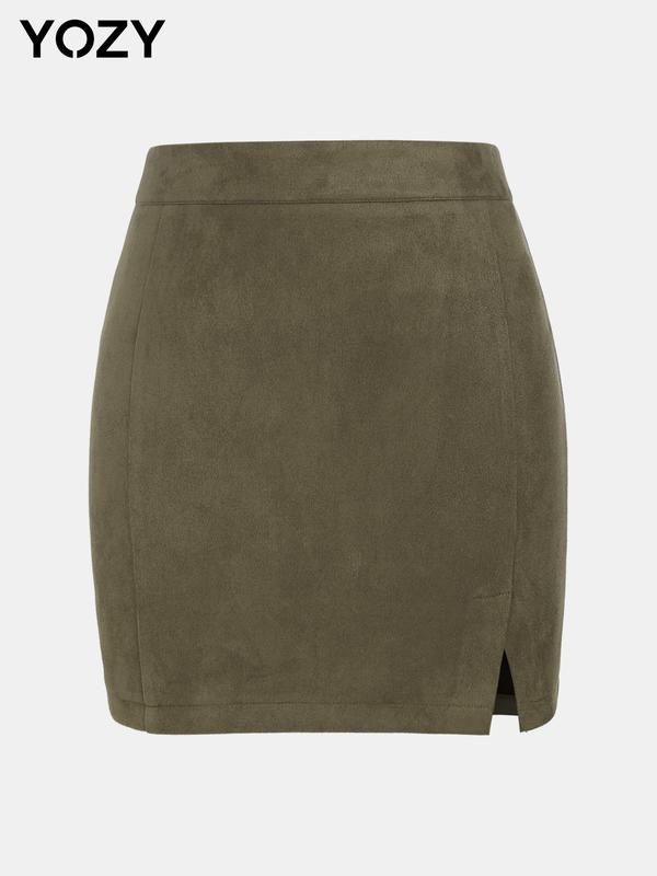 YOZY [3 colors] Split Hem Bodycon Skirt, Fashion Casual Solid Mini Girls High Waist Suede Skirt, 2024 Women's Daily Outdoor Wear for All Season