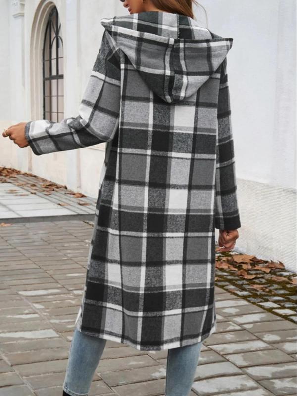 Women's Plaid Print Button Front Drop Shoulder Hooded Coat, Casual Long Sleeve Pocket Outerwear for Fall & Winter, Ladies Clothes for Daily Wear