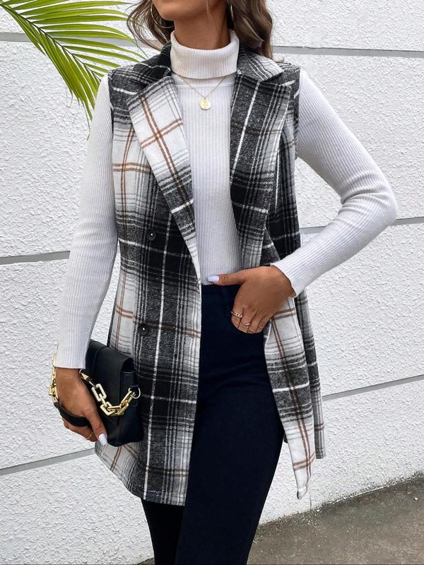 Women's Plaid Print Double Button Lapel Blazer Vest without Sweater, Casual Sleeveless Outerwear for Fall, Ladies Clothes for Daily Wear