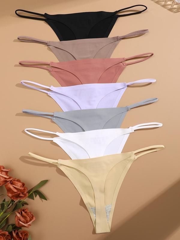 Women's 7pcs Solid Drop Waist Thong, Minimalist Basic Panties for Lady, Breathable Panty for Daily Wear, Women's Knickers for All Seasons, Comfortable Womenswear