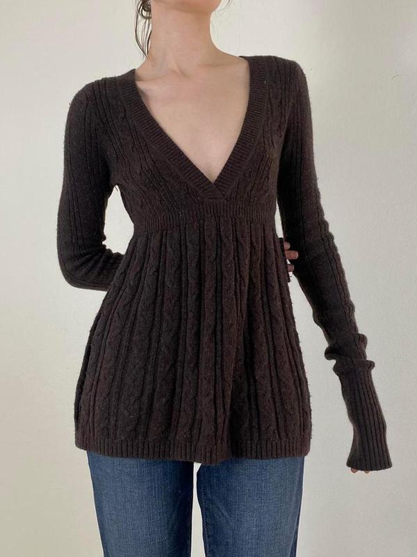 Women's Plain Deep V Neck Cable Knit Sweater, Casual Long Sleeve Jumper for Daily Wear, Ladies Knitwear for All Seasons