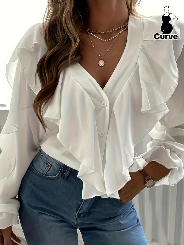 Plus Size Plain Ruffle Trim Button Front Blouse, Casual Flounce Sleeve V Neck Top for Spring & Fall, Women's Clothes for Daily Wear