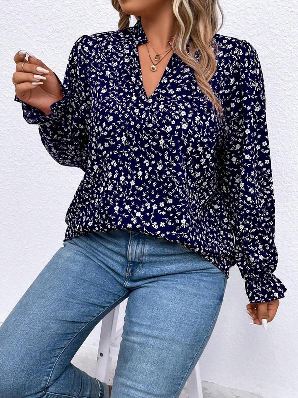 Womenswear  Ditsy Floral Print Frill Trim Ruffle Blouse, Casual Comfort Notched Neck Flounce Sleeve Top for Spring & Fall, Women's Clothes for Daily Wear