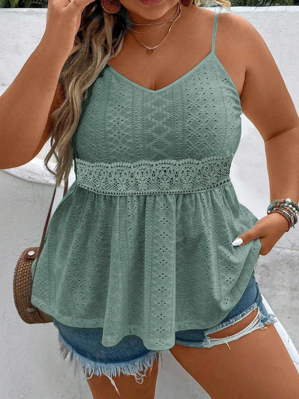 Plus Size Solid Eyelet Embroidery Cami Top, Casual Adjustable Spaghetti Strap Top for Spring & Fall, Women's Plus Clothing for Daily Wear