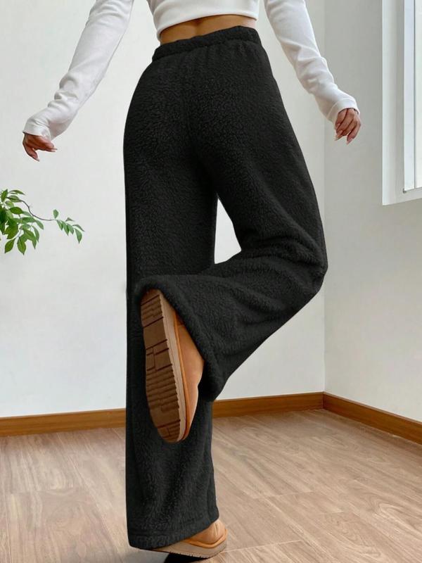 Women's Solid Drawstring Waist Plush Straight Leg Pants, Casual Comfy Warm Trousers for Fall & Winter, Women's Bottoms for Daily Wear