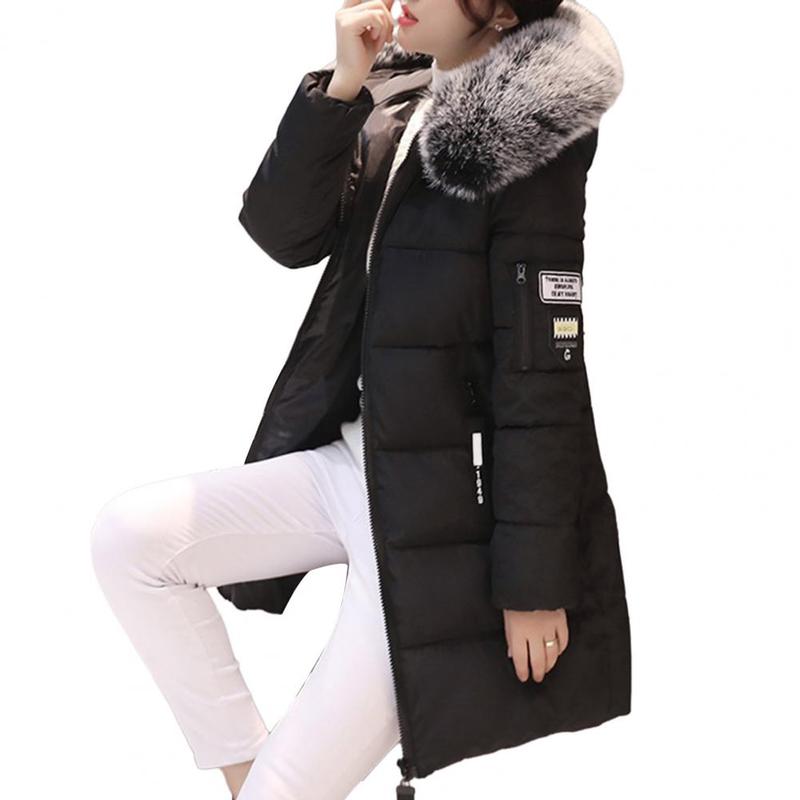 Women Winter Cotton Coat Hooded Mid Length Outerwear Windproof Warm Long Sleeve Jacket Solid Color Slim Fit Lady Down Coat