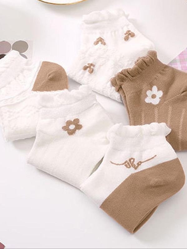 Women's Floral Print Ankle Socks, Casual Stretchable Frill Trim Knit Crew Socks, Lady Low Cut Breathable Socks, Multipack Mixed Color Socks, Socks & Hosiery