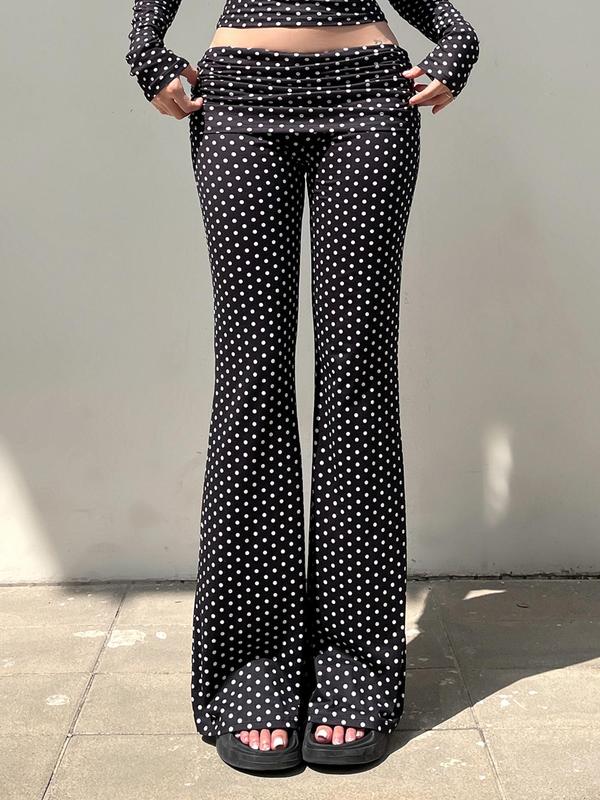 Women's Polka Dot Print Ruched Flare Leg Pants, Casual Comfy Elastic Waist Bell Bottom Trousers for Daily Wear, Ladies Bottoms for Fall & Winter