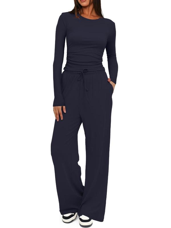 Sporty Two-Piece Set Women's Solid Color Ruched Tee & Tie Front Wide Leg Pants Sportswear Set, Sports Casual Long Sleeve Round Neck Top & Pocket Trousers, Ladies Sportswear for Indoor Outdoor Wear