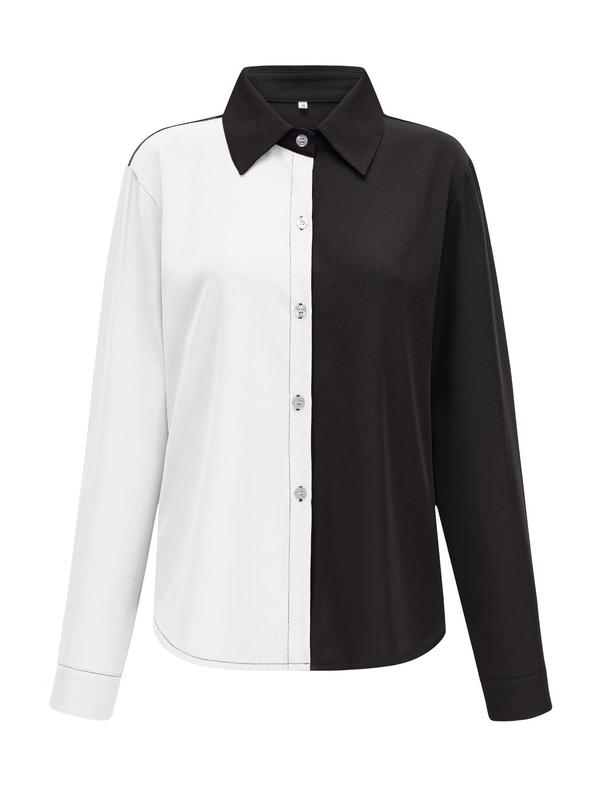 Women's Colorblock Button Front Shirt, Casual Long Sleeve Collared Top for Spring & Fall, Ladies Clothes for Daily Wear