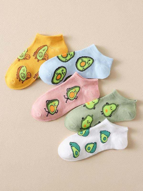 Women's 5 Pairs Cartoon Avocado Print Ankle Socks, Low Cut Comfy Socks for Women, Multi-pack Knit Socks for Daily Wear, Women's Socks & Hosiery