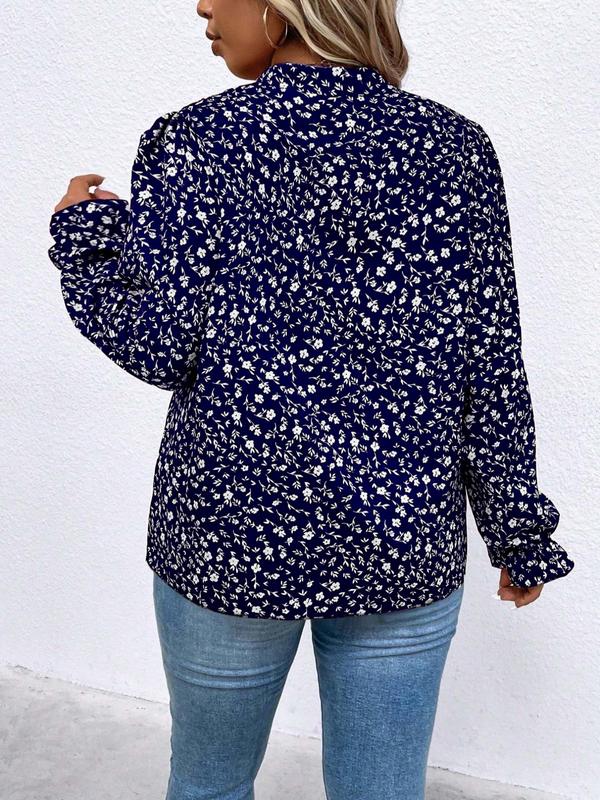 Womenswear  Ditsy Floral Print Frill Trim Ruffle Blouse, Casual Comfort Notched Neck Flounce Sleeve Top for Spring & Fall, Women's Clothes for Daily Wear